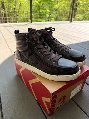Men's High-Top Leather Sneakers in Dark Brown with Side Zip